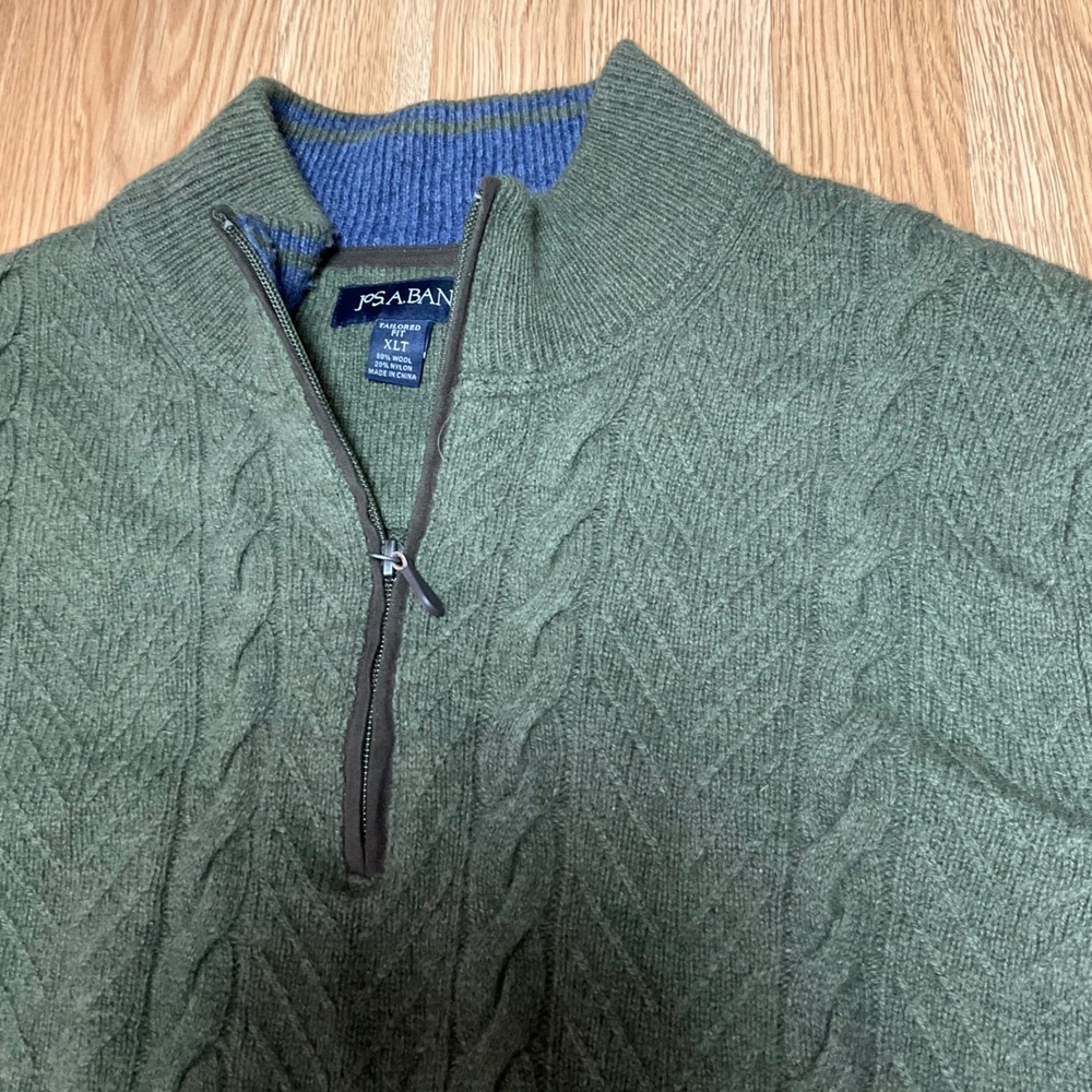 Jos. A. Bank Mens XLT Green Cable Knit Wool Blend Quarter Zip Sweater Tailored